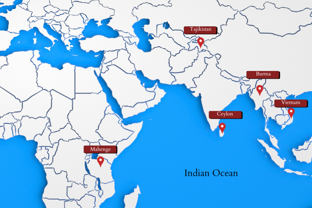 A map showing the country of origin of spinels.