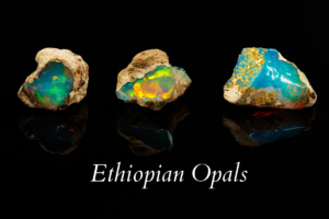 Three rough ethiopian opals with the text ethiopian opals below.