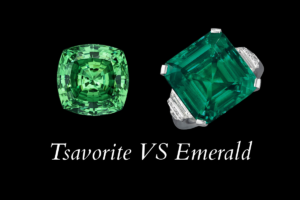 Tsavorite vs Emerald. On the left the Lion of Merelani. (Credit: Jeff Scovil, courtesy of Bridges Tsavorite, Smithsonian Insitute). On the right The Rockfeller Emerald (Credit: Christie's).