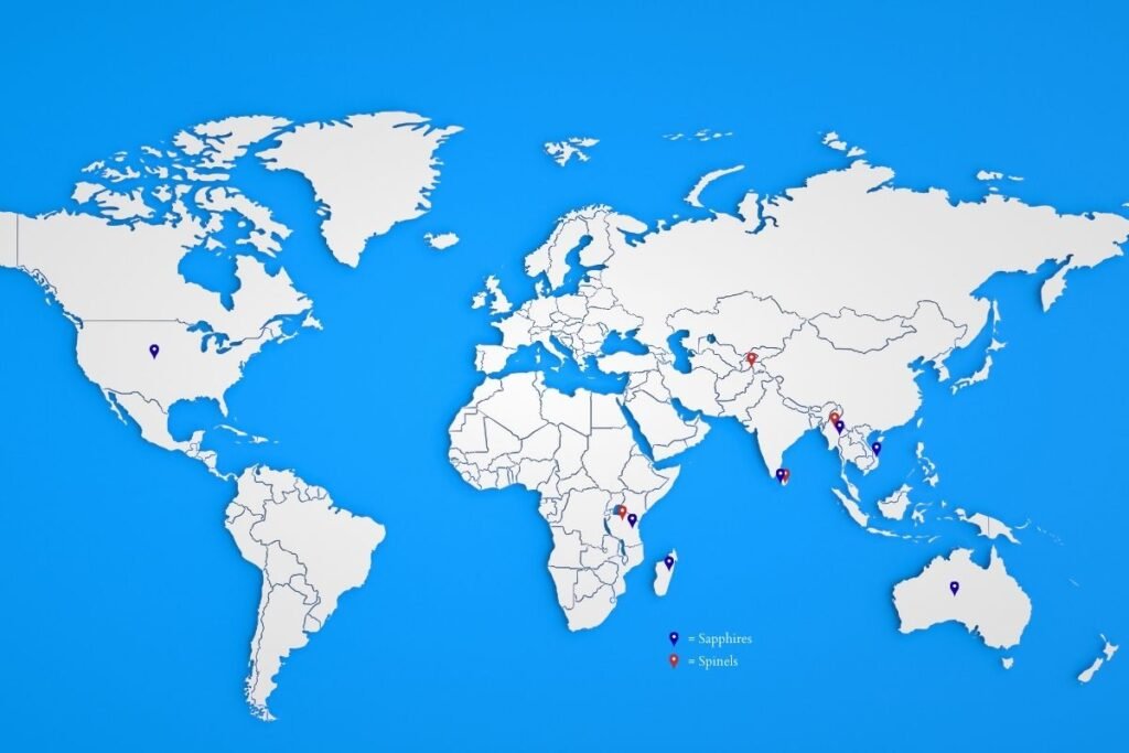 A map showing the origin of sapphires and spinels.