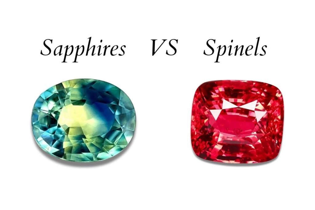 An oval cut parti-color sapphire and a red spinel. On top the text: sapphires vs spinels
