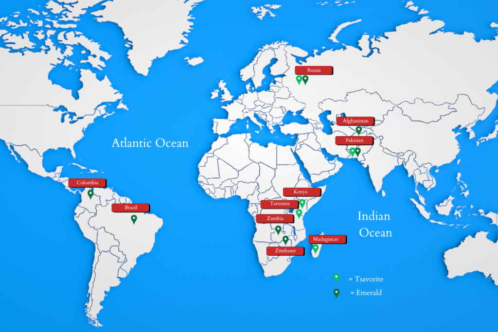 A map of the world showing the location of the mines for both tsavorite and emeralds.
