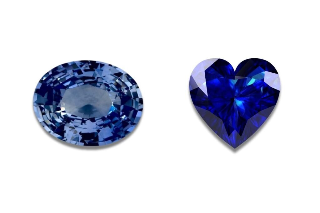 On the left a blue-cobalt spinel in oval cut, and on the right a heart cut royal blue sapphire.