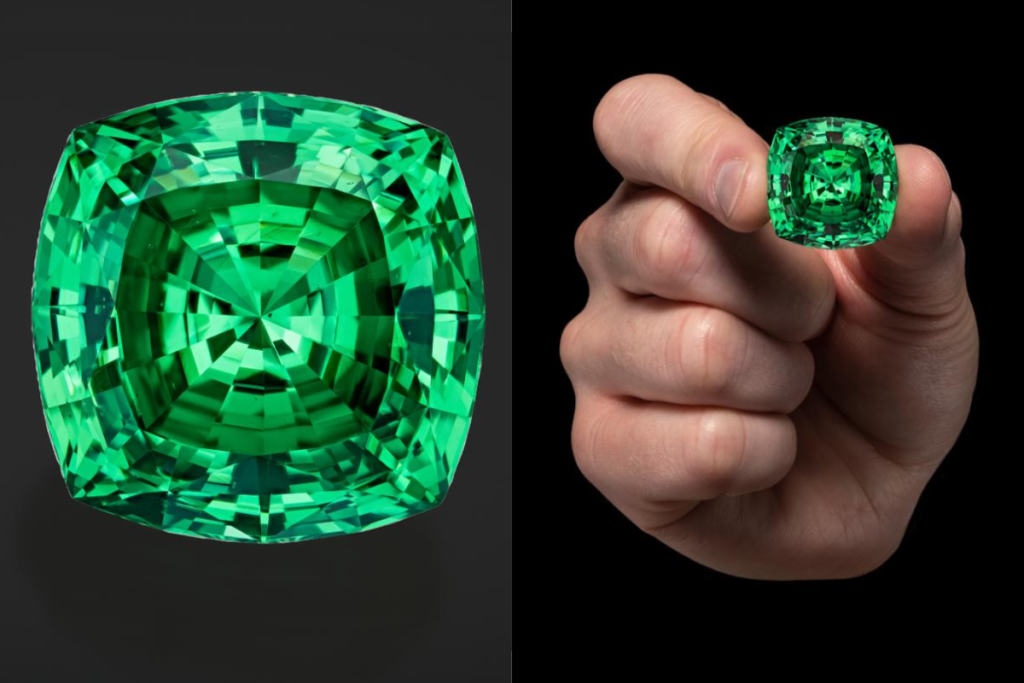 The 116.76 ct Lion of Merelani—cut in the USA in 2018 by Victor Tuzlukov from a 283.76 ct Tanzanian rough—is the largest square cushion tsavorite known and the largest gemstone ever cut in the USA. Named for Campbell Bridges, it entered the National Gem Collection in 2020 via Somewhere in the Rainbow and Bridges Tsavorite. (Photo Credit: Jeff Scovil, courtesy of Briges Tsavorite, Smithsonian Institute.)