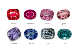 A comprehensive palette of colors among spinels. From top left: jedi red, mahenge red, hot pink, padparadcha, lavander, cobalt blue, gray and teal.