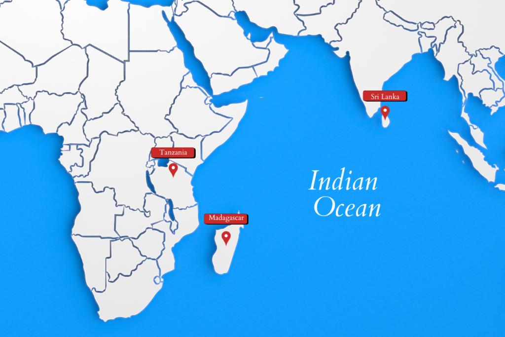 A map showing of the most important padparadscha sapphires deposits.
