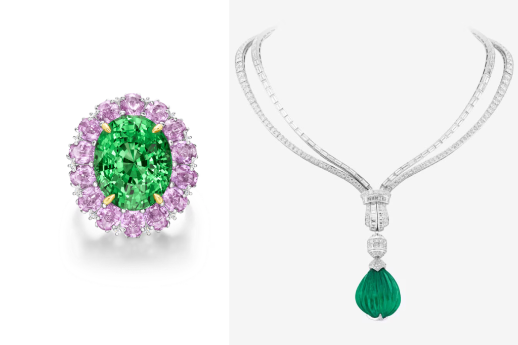 On the left, from the Winston Candy collection, a 17.23 ct tsavorite glows in a halo of pink sapphires, peridots, and diamonds in 18K gold and platinum. (Credit harrywinston.com). On the right, from the collection Emeraude en majeste by Van Cleef & Arpels, the Grand Opus transformable necklace, featuring a 127.88 colombian emerald, white cultured pearls and diamonds.