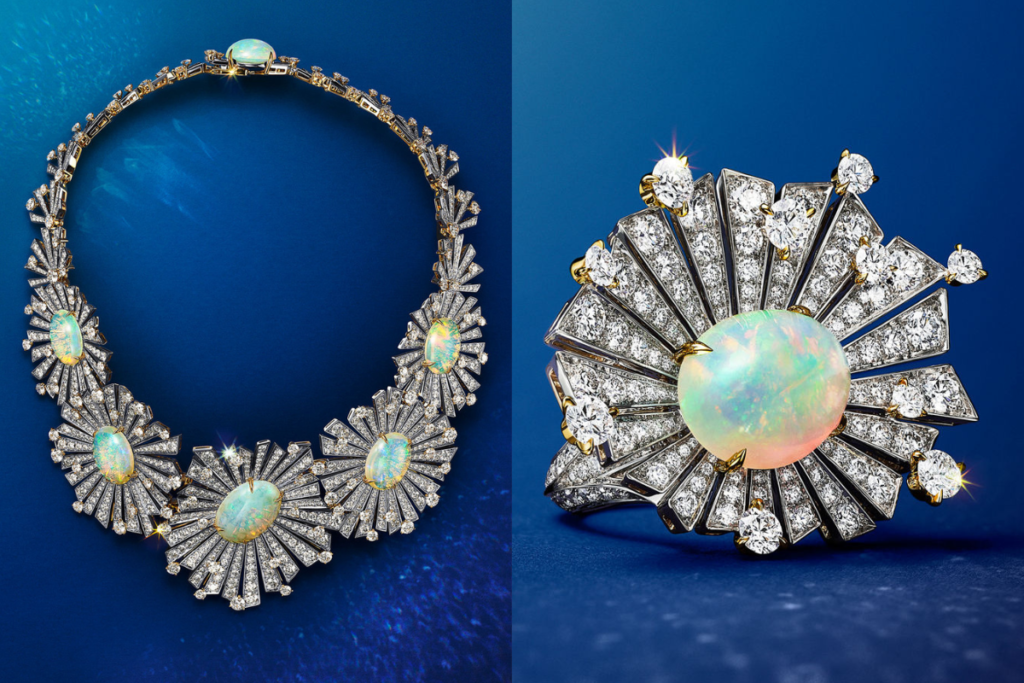 Tiffany & Co. “Star Burst” by Jean Schlumberger: a 64 ct unenhanced crystal opal necklace and a 5 ct opal ring, handcrafted in platinum with brilliant diamonds.