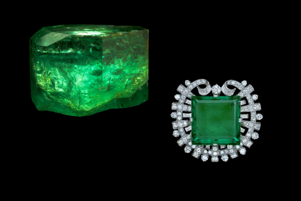 On the left The 858 ct Gachalá Emerald—discovered in Colombia in 1967—shows rare pure green color from chromium. Harry Winston donated the crystal in 1969. (Photo credit: Chip Clark, Smithsonian Institute). On the right, the 75.47 ct Hooker Emerald, once worn by Sultan Abdul Hamid II and later reset by Tiffany & Co., was donated to the Smithsonian in 1977 by Janet Annenberg Hooker. (Photo Credit: Chip Clark, Smithsonian Institute).