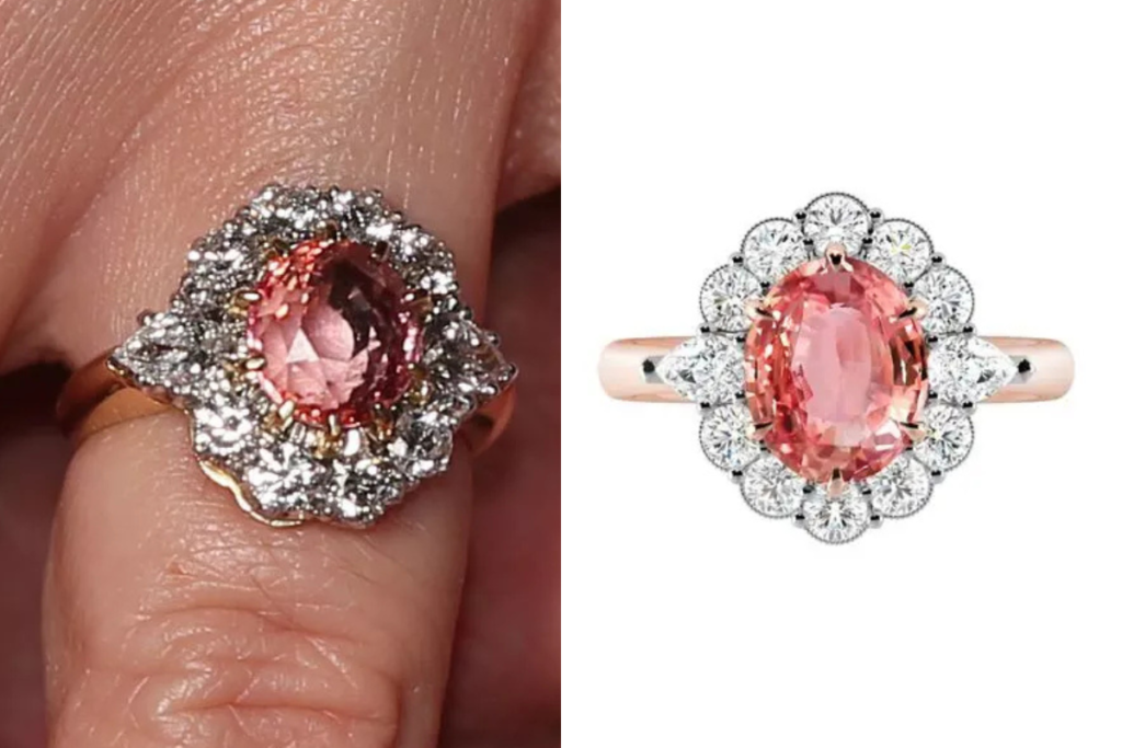Two photographs showing the Princess Eugene engagement ring featuring a Padparadscha Sapphire between 3ct and 4ct.