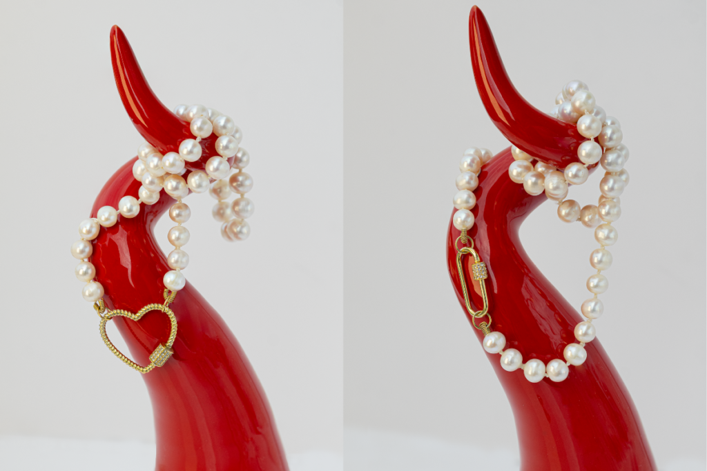 Our convertible pearl necklace, with interchangeable lock and freshwater pearls. Hand-knotted and handmade. Shop it on our website.