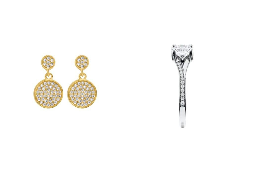 Two examples of micro pavé: on the left a pair of earrings, on the right a solitaire with micro pavé on the band.