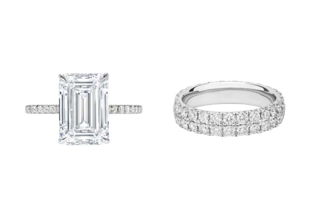 Two examples of French pavé: on the left a classic solitaire with pave band, on the right a classic infinity band with double row french pavé