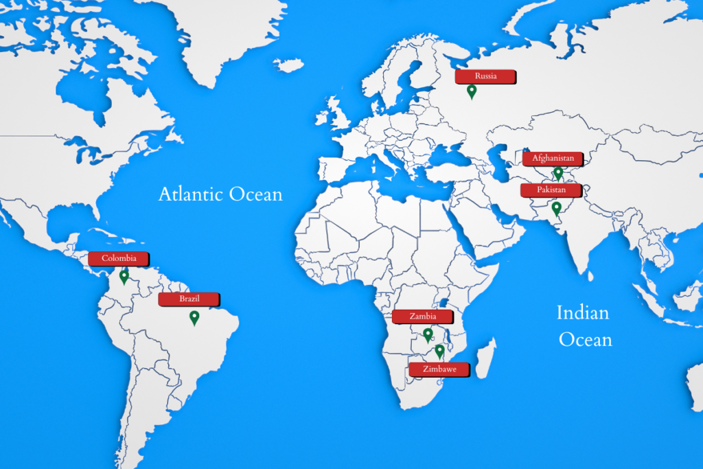 A map showing the geographic location of Emerald mines in the world.