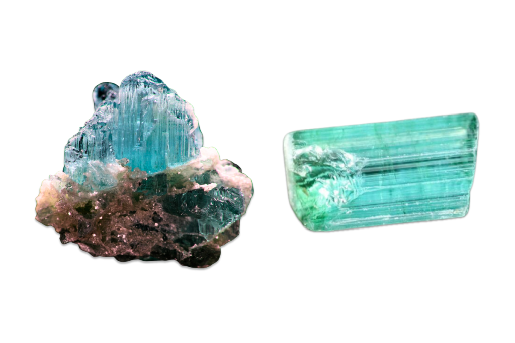 Two rough Paraiba Tourmaline crystal, the one on the left with the matrix.