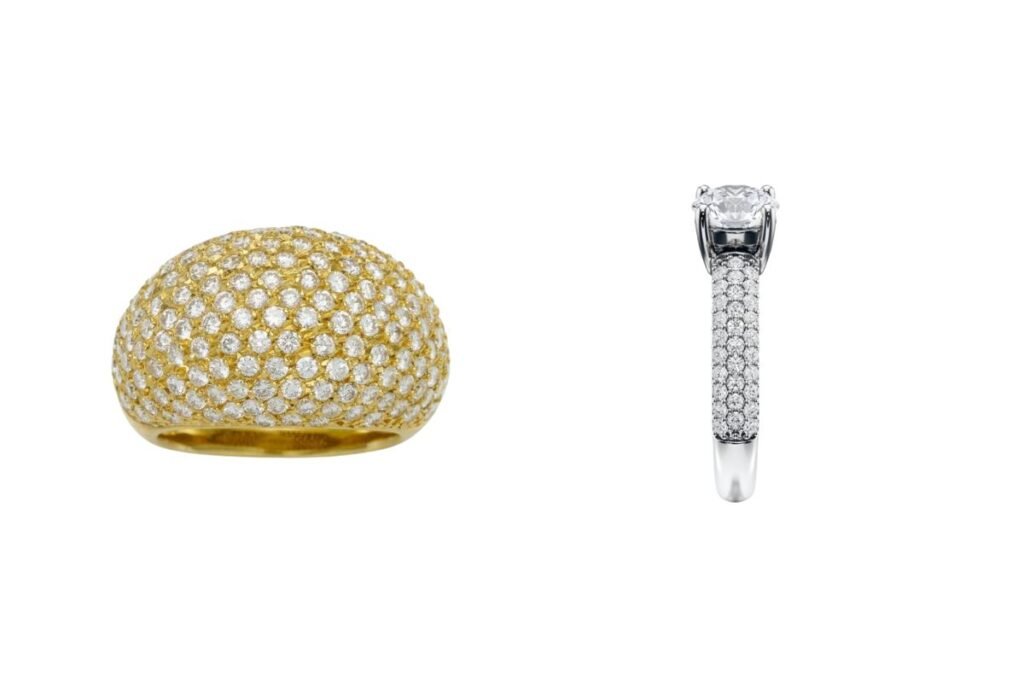Two examples of declination of bombé pavé. A classic bombé ring and on the right a pavé band on a solitaire.