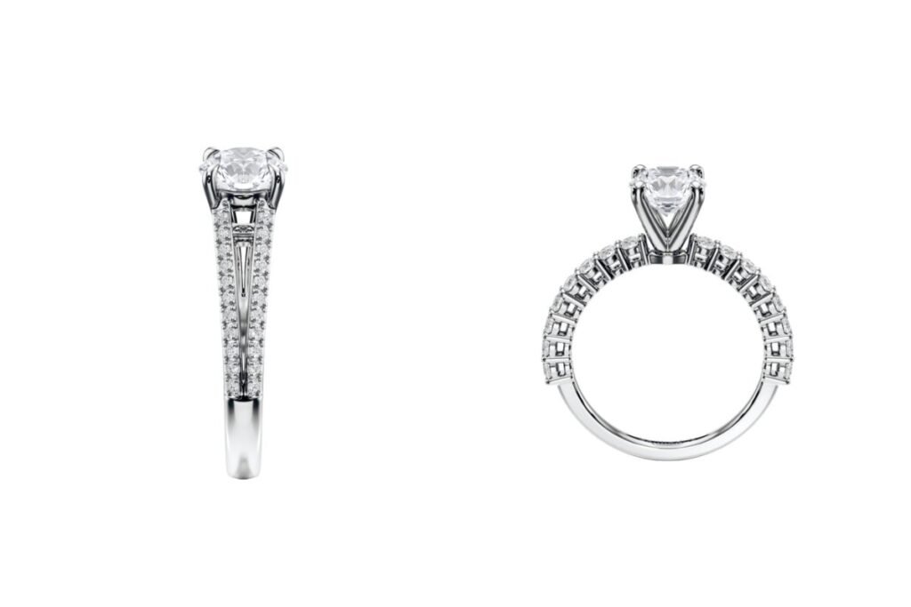 Two examples of griffe pavé on the band of two solitaires.