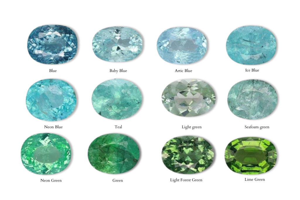 The Paraiba Tourmaline palette: all the hue and intensity spectrum shown in this copper rich tourmaline.