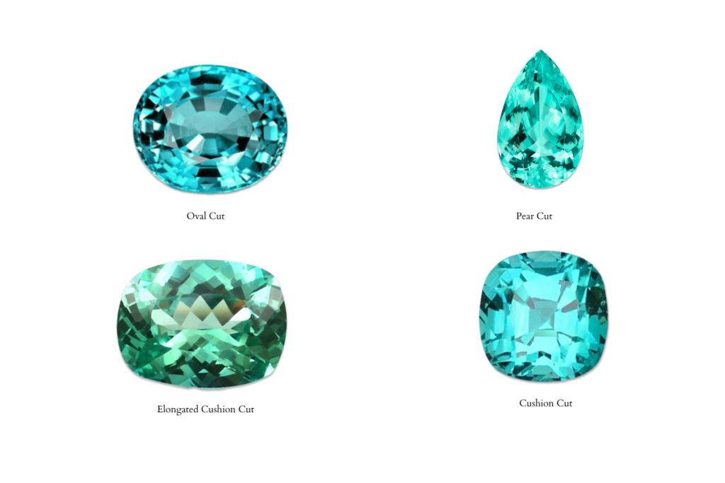 The best cut for Paraiba Tourmaline. Starting from the top left: oval, pear, elongated antique cushion and cushion.