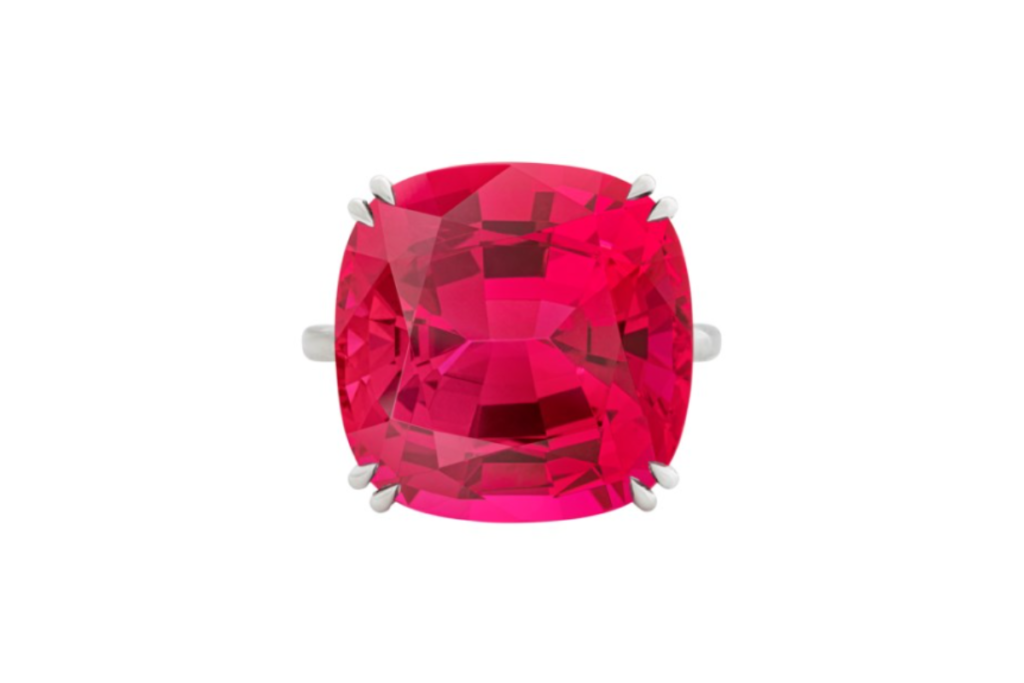 A spinel ring recently sold at Christie's featuring a 20.83ct red Mahenge Spinel. Credit: Christies.com
