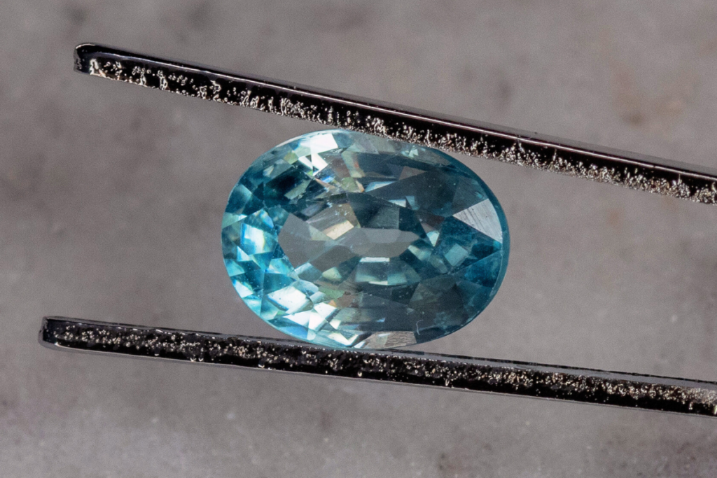 A macro shot of a 1.98ct Blue Zircon from Cambodia, internally flawless with very good cut. The stone is available for purchase in our shop.