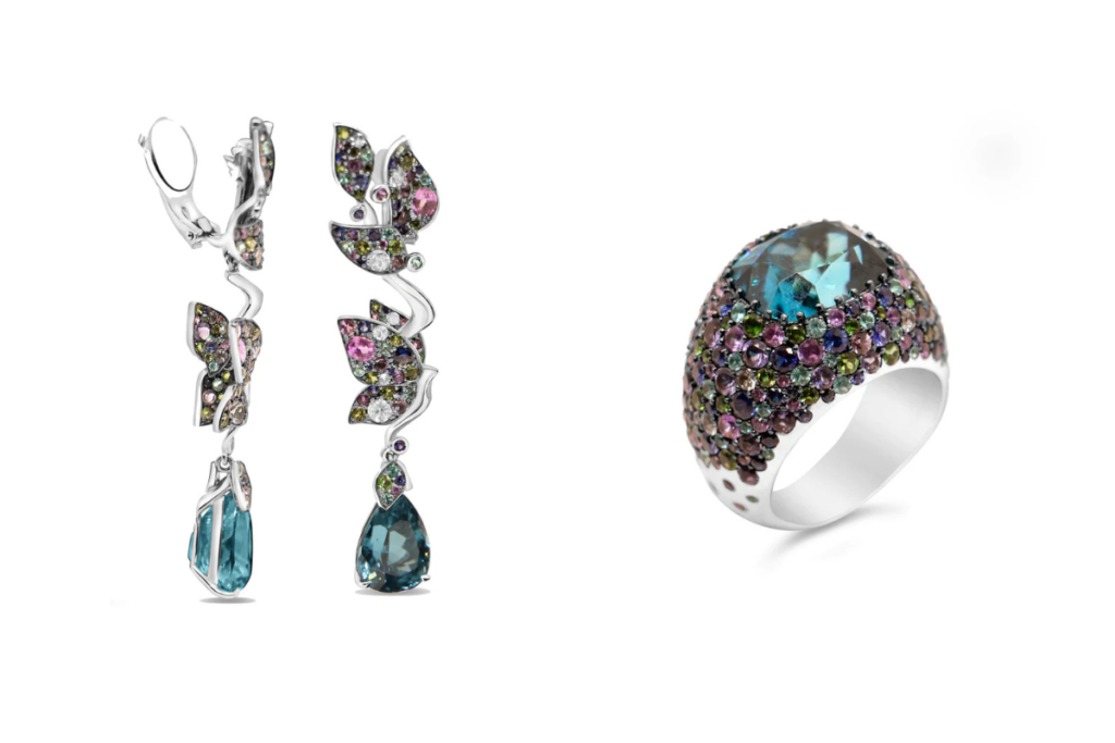 On the left: CHRYSALID METAMORPHOSIS EARRINGS by Lorenz Baumer, featuring 2 pear-shaped blue zircons / cambolites for a total of 21.56 cts. On the right: CARDINAL A LA FOLIE RING by Lorenz Baumer, featuring a 13.94ct blue zircon / cambolite. Credit: www.baumer-vendome.com