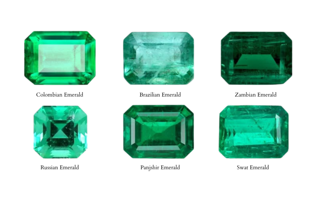 The different hue, color saturation and clarity based on the geographic origin of the emerald.