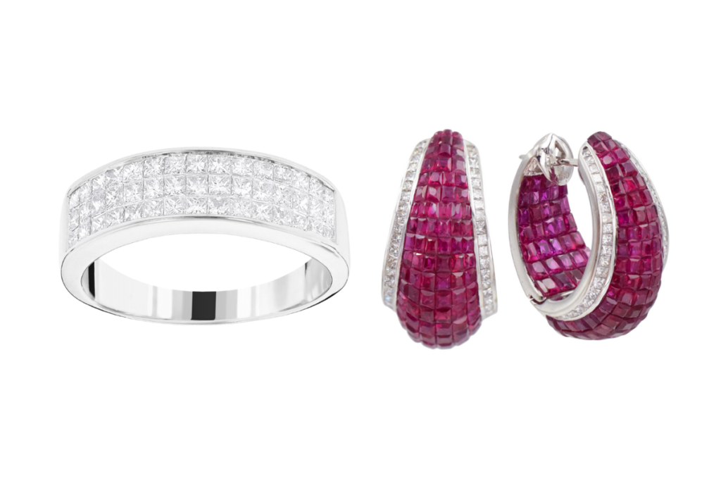 Two examples of invisible setting pave: a classic cigar band with invisible setting of princess cut diamonds, on the right a pair of ruby earrings.