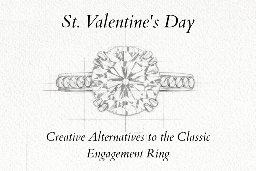 A handmade drawing of a bespoke solitaire ring by Valentina Leardi. Below the subtitle: creative alternatives to the classic engagement ring.