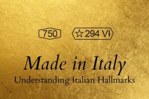 A graph with a golden background, an example of italian hallmark and the title: made in italy: understanding italian hallmarks