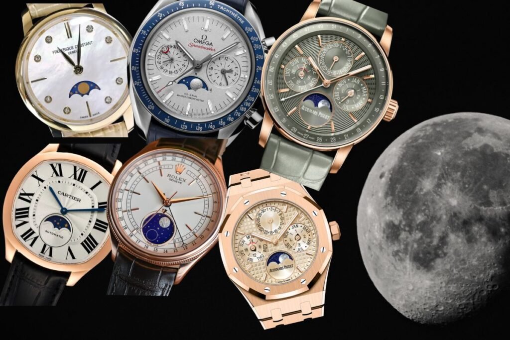 My passion is moonphase. Among my favourites and some part of my collection: Starting on left: Fredrique Constant Moonphase, Omega Speedmaster with moonphase complication, Code 11.59 by Audemars Piguet Perpetual Calendar. Drive de Cartier Moonphase, Rolex Cellini Moonphase, Royal Oak Selfwinding Perpetual Calendar.