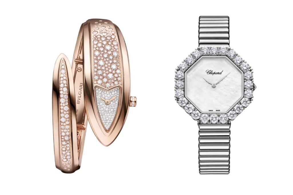 On the left Bvulgari's Serpenti Aeterna watch with 18 kt rose gold snakehead-shaped case and bangle bracelet set with brilliant-cut diamonds, and full pavé diamond dial. Credit: bulgari.com On the right: Chopard's L'Heure Du Diamant Octagonal 32 x 32 mm, automatic, ethical white gold, diamonds. Credit: Chopard.com