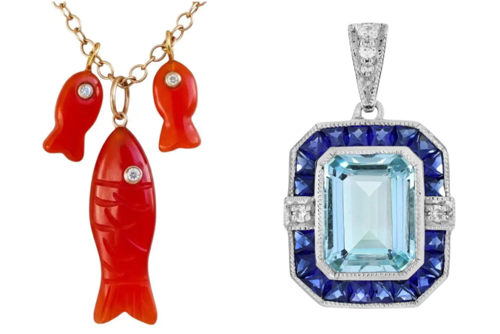 On the left: Carnelian fish by Jen Produman. Credit: jenproudman.com On the right: Emerald Cut Aquamarine and Diamond Art Deco Style Pendant in 14K White Gold on 1st Dibs. Credit: https://www.1stdibs.com/jewelry/necklaces/pendant-necklaces/emerald-cut-aquamarine-diamond-art-deco-style-pendant-14k-white-gold/id-j_27314592/