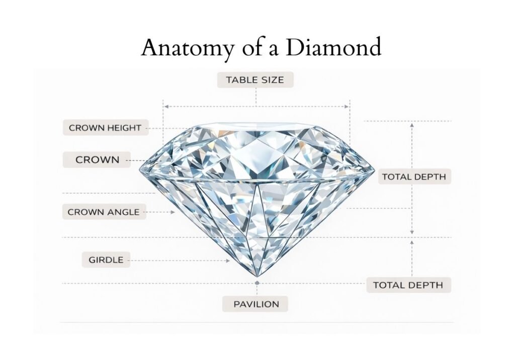 A graph showing the anatomy of a diamond, specifying all parts and details.