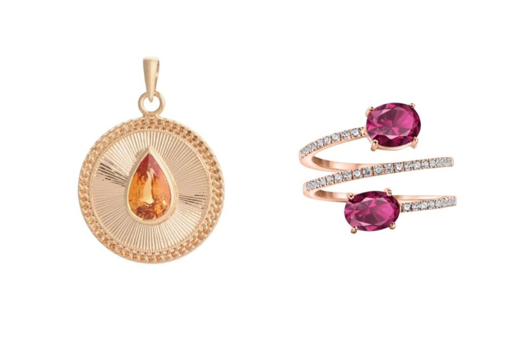A modern example of usage of garnets in contemporary jewellery. On left: Artifex Solaria with 1.84ct Spessartite garnet by Kindred Lubeck. I really like this piece for the vintage vibes. Credit: https://artifexfine.com/ On the right: a contemporary spiral ring, the Jolie Garnet Ring by Amee Philips. Credit: //ameephilips.com