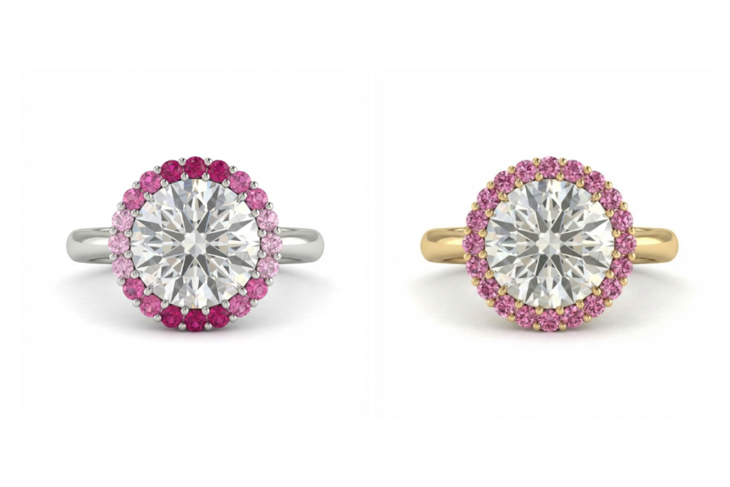 Our Icone Cromatique solitaire ring in two versions: on the left gradient ombre pink set in white gold and on the right the medium pink set in yellow gold.