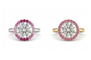 Our Icone Cromatique solitaire ring in two versions: on the left gradient ombre pink set in white gold and on the right the medium pink set in yellow gold.