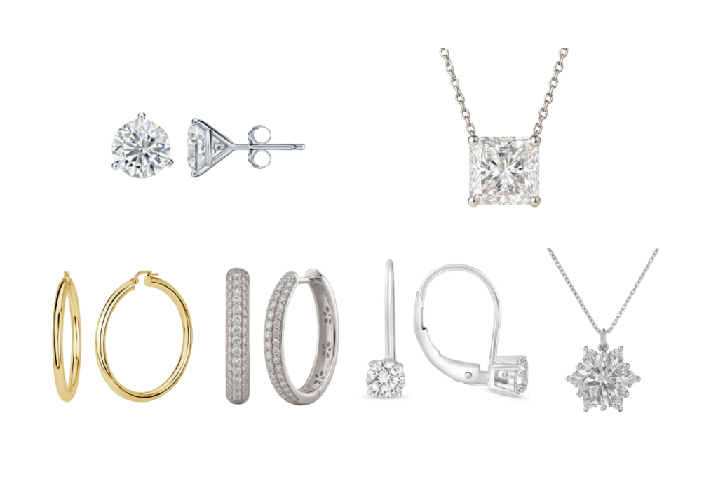 On top: classic diamond studs and pendant. Below 18k gold hoops, diamond, diamond drops lever back and a snowflake pendant. By Boscova Jewellery. Credit: boscova-jewellery.com