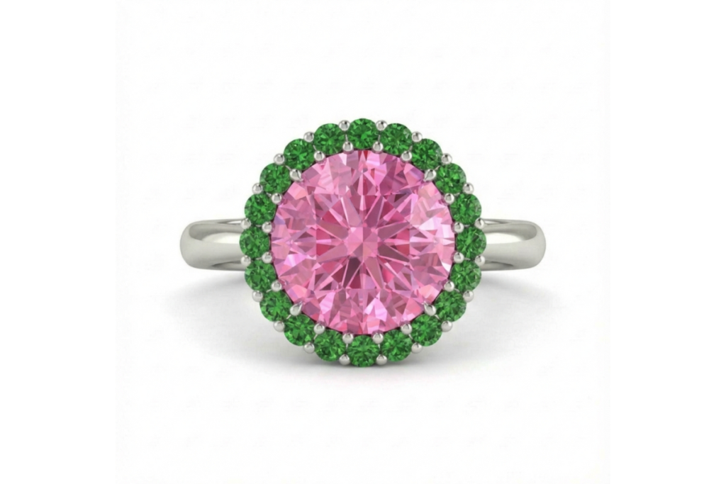 Our Icone Cromatique solitaire ring in the pink sapphire and green tsavorite version.
