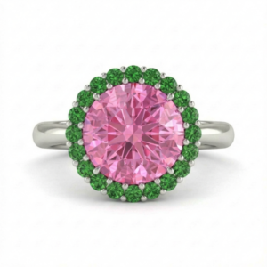 Our Icone Cromatique solitaire ring in the pink sapphire and green tsavorite version.