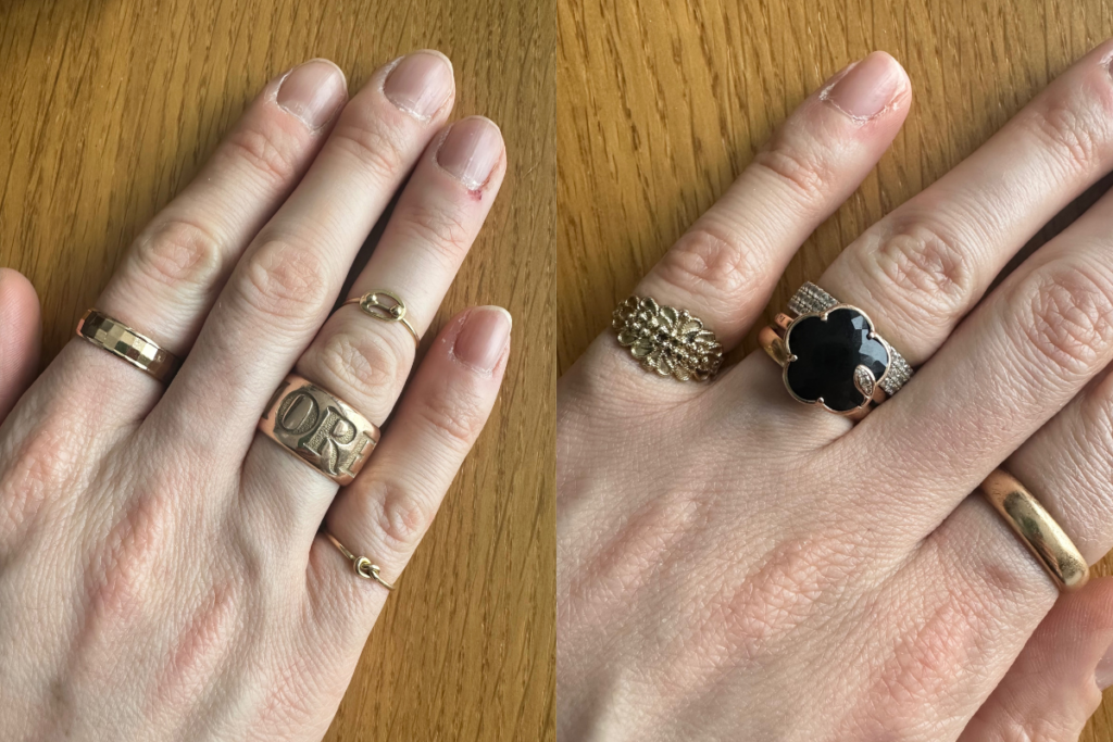 My current daily stack includes: On right hand: a decorated band, a cigar band by Pasquale Bruni with AMORE written, the know of love on pinky and family ring on top of ring finger. On left hand: a traditional sardinian band on pinky ring (see picture 1), my engagement ring, a three row micro pave band, a gold band 4mm. I kept my wedding band very traditional, simple and minimal on purpose to ensure it would fit well with all my different styles.