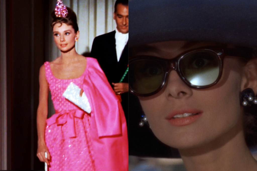 On the left, a scene of the movie, showing Holly wearing a tiara. On the right another scene of the movie, Holly wears a hat, glasses and small pearl earrings.
