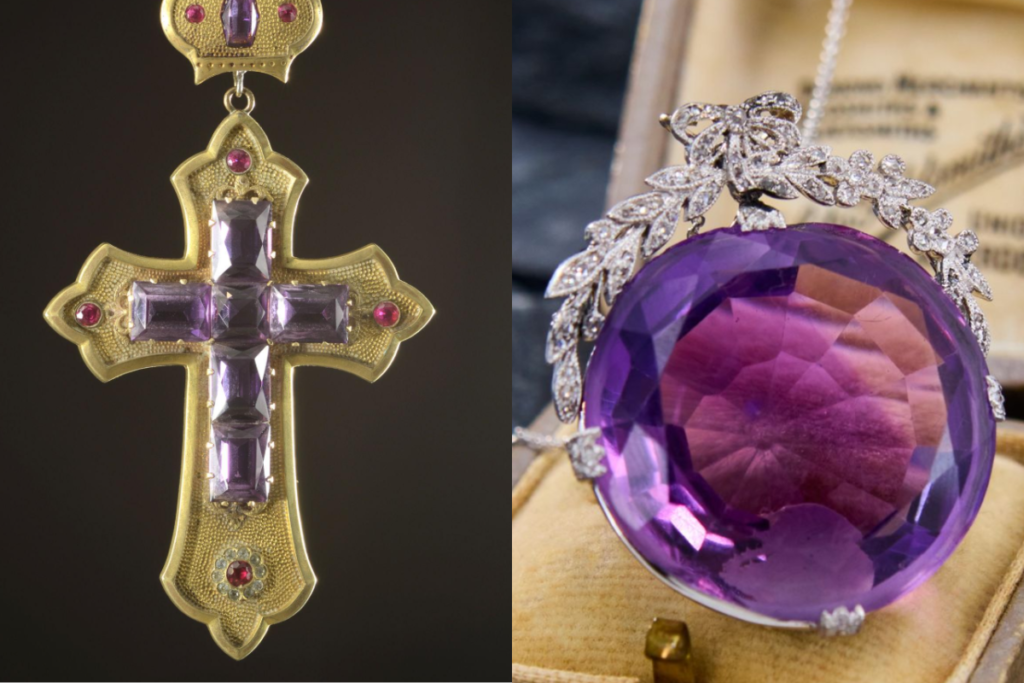 On the left Russian Orthodox Bishop's Cross at Moscow Kremlin Museums. Credit: Moscow Kremlin Museum. On the right a Victorian Brooch with amethyst and rose cut diamonds. Credit: https://eragem.com/