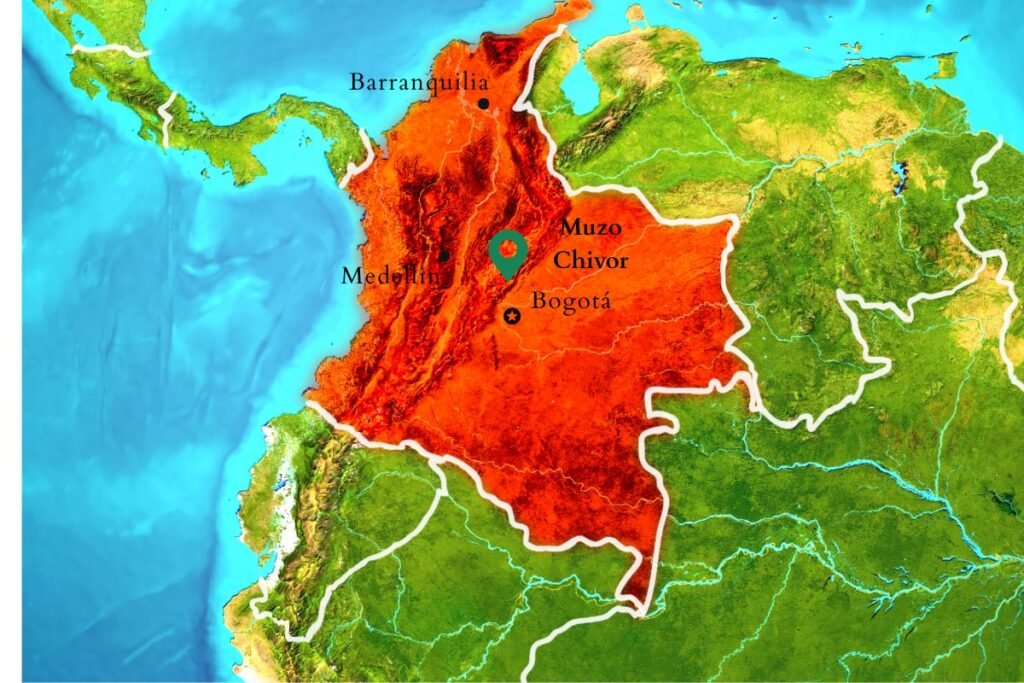 A map showing the location of Muzo and Chivor mines.