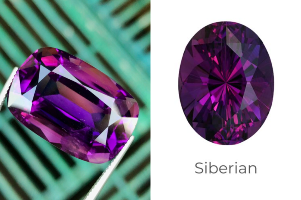 On the left typical russian amethyst with red as a second hue, on the right an intense siberian amethyst.