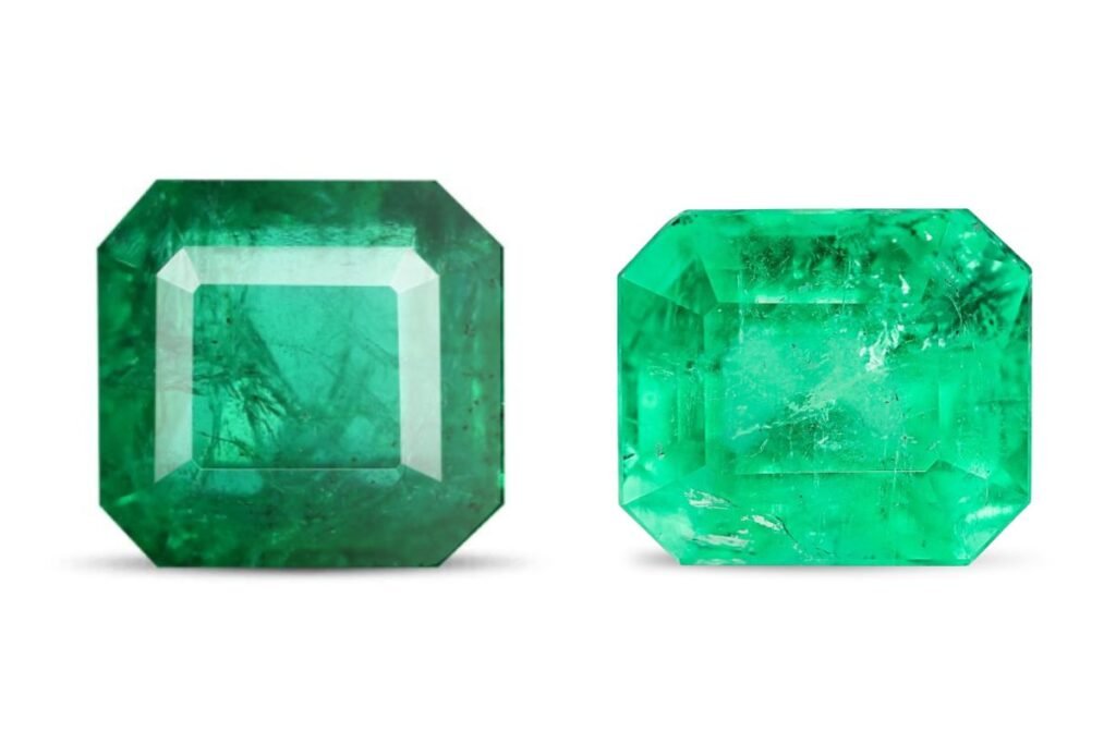 Two emeralds showing the classic jardin.