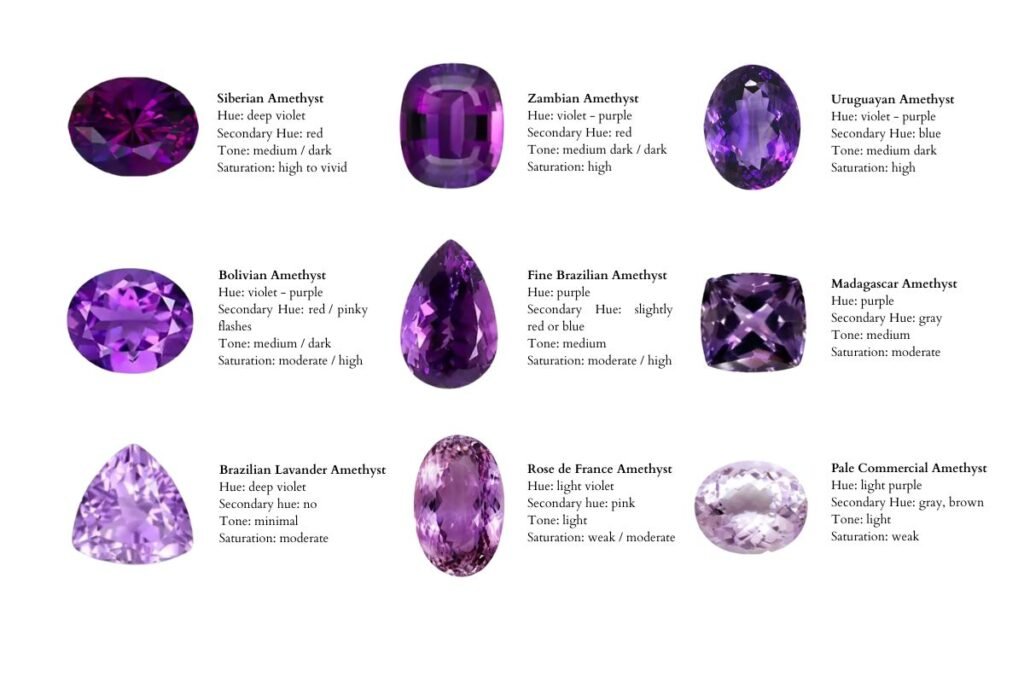 A graph showing how origin affects the Amethyst quartz. According to the provenience, the hue, secondary hue, tone and saturation change with the character of the gem.