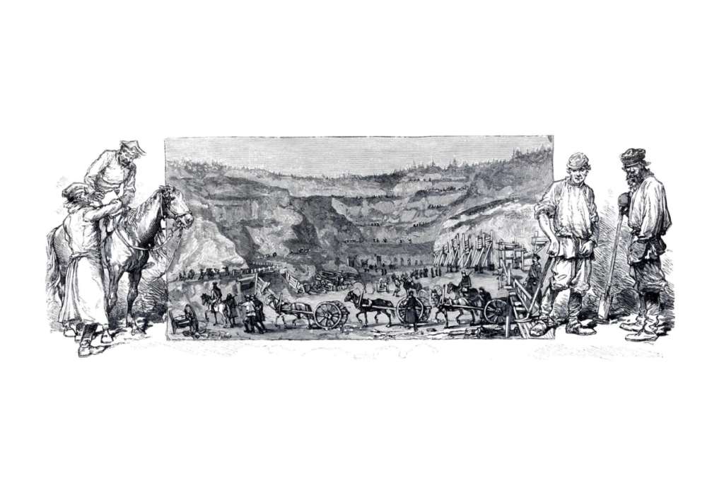 A representation of Urals mountain mines and miners working. Murchison, R. I. (1845). Geology of Russia in Europe and the Ural Mountains. London. Plates section.