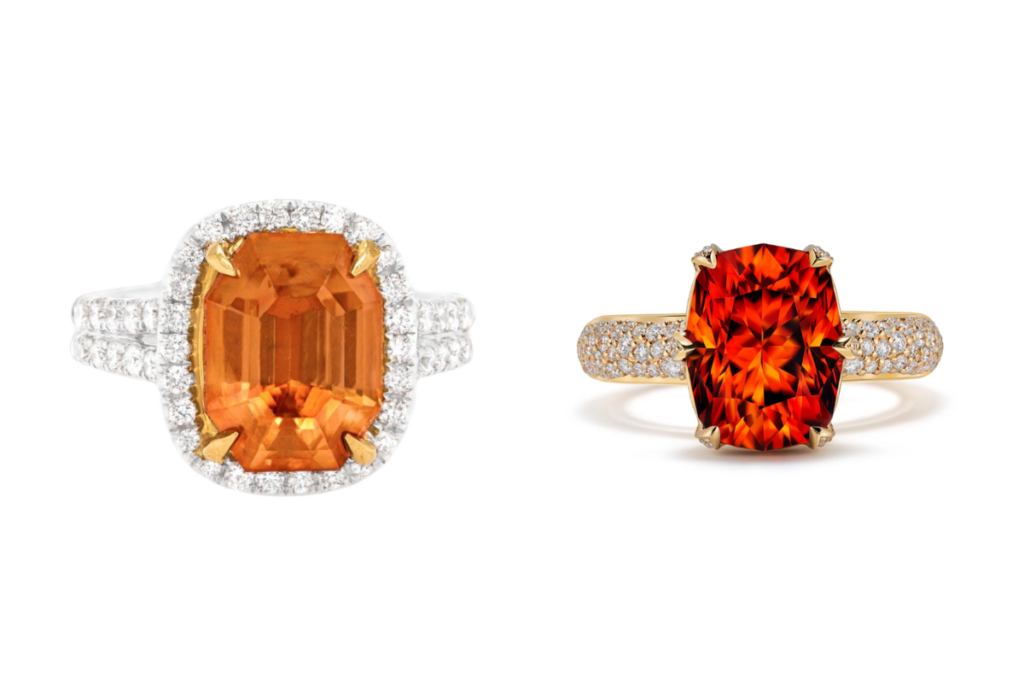 On the left a orange zircon ring with diamonds. Credit: 1st Dibs. On the right, a orange zircon ring by Kat Florence. Credit: katflorence.com