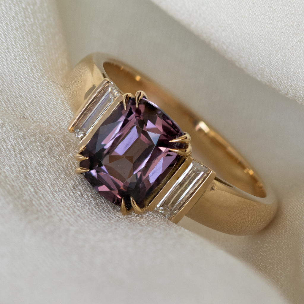 1908, 2.02 Purplish pink spinel from Tanzania. 0.30ct diamonds. Bespoke by Valentina Leardi.